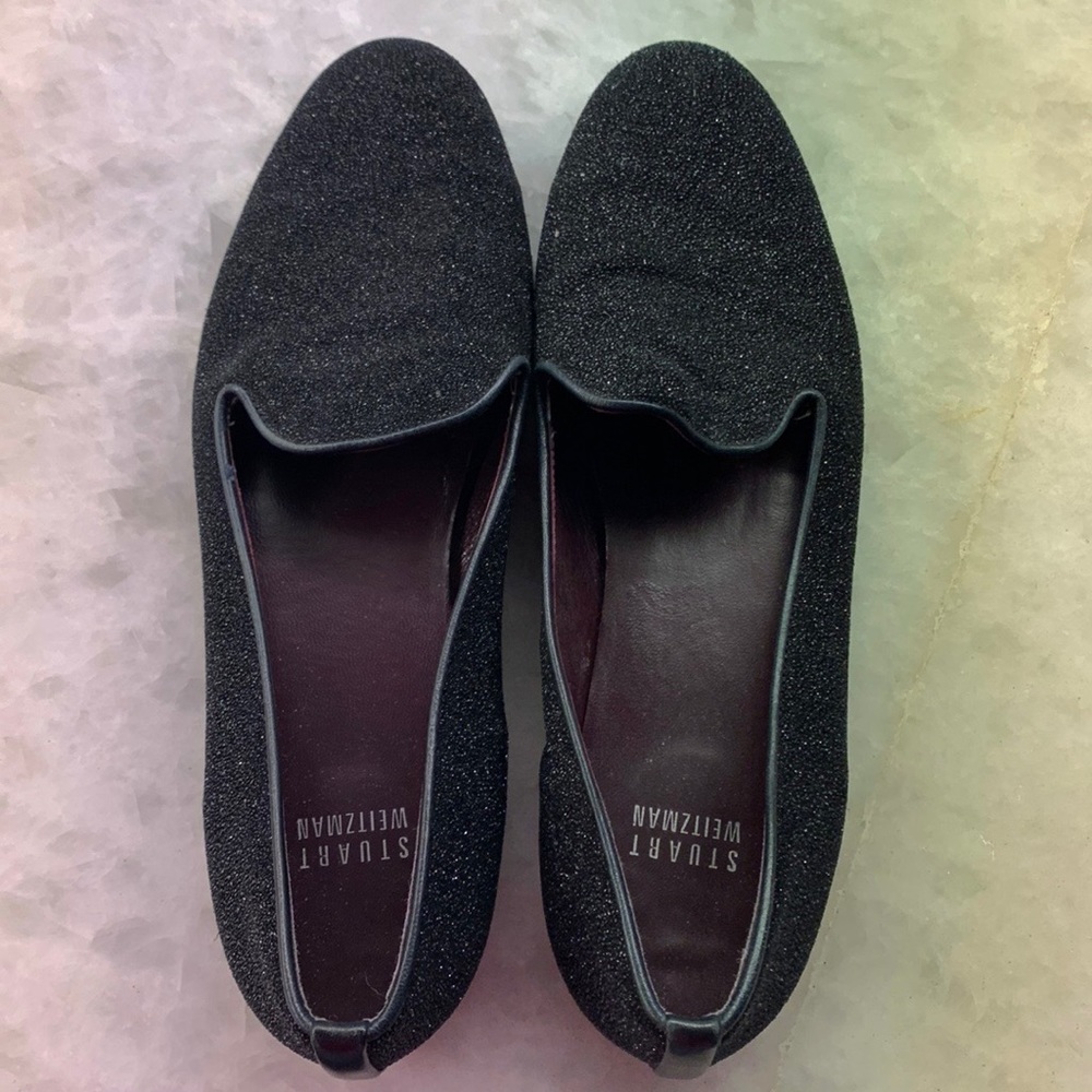 Stuart Weitzman Black Glitter Smoking Flats Size 7.5